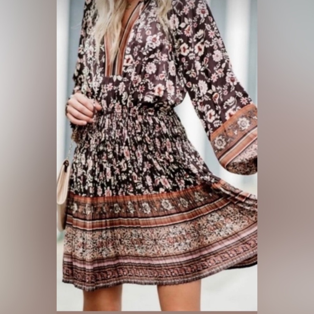 Current Air Brown Floral Long Sleeve Dress Silk Small Anthropology